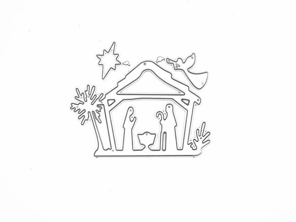 Umrisszeichnung einer Krippenszene mit Maria, Josef, Jesuskind, Stern, Palme & Engel über dem Stall-perfekt als Stanzschablone: Kleine Krippenszene von Stanzenshop.de für weihnachtliche Bastelprojekte.