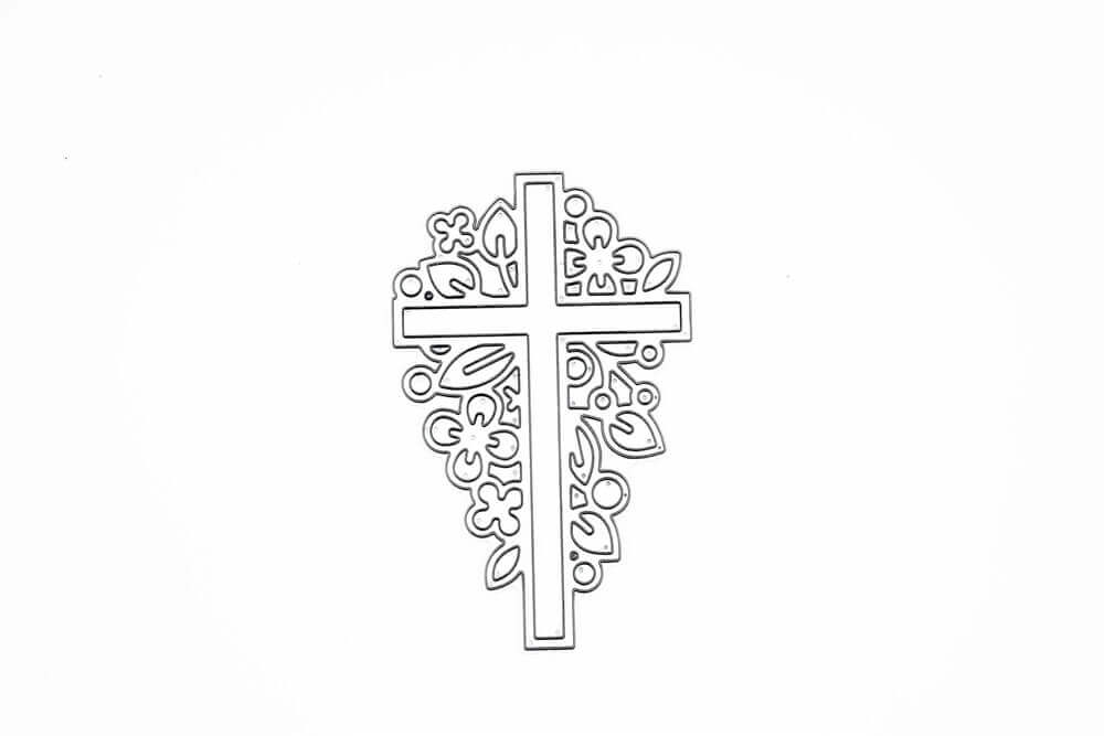 Eine Zeichnung einer Stanzschablone Kreuz mit Blumen von Stanzenshop.de auf weißem Hintergrund mit einem Ostergestecke-Element.