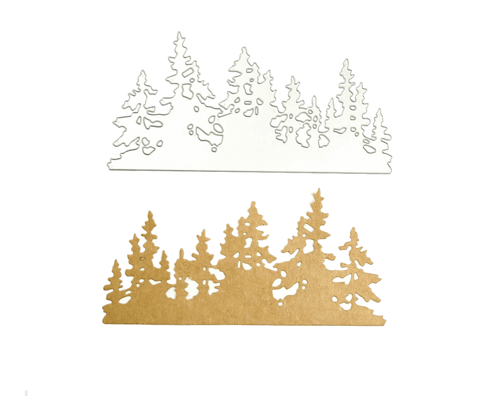 Die "Stanzschablone: Landschaft aus Tannenbäumen" von Stanzenshop.de zeigt zwei Tannenbaumausschnitte, einen weißen und einen braunen - ideal für Basteln Winterprojekte oder als Tannenbäume Stanzen in Ihrem Stanzschablone Weihnachten Set.