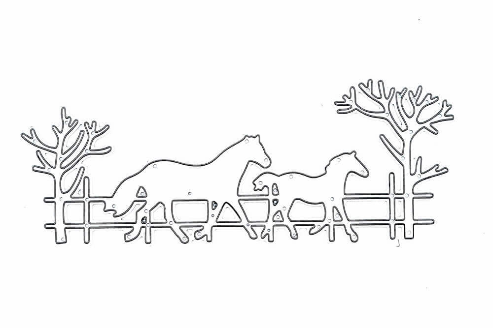 Stanzschablone Landschaft mit zwei Pferden von Stanzenshop.de zeigt zwei Pferde an einem Zaun mit Bäumen - perfekt zum Basteln von Karten, landschaftlichen Designs und kompatibel mit Ihrer Stanzmaschine.