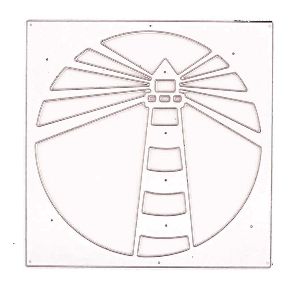 Die Stanzenshop.de Stanzschablone Leuchtturm im Rahmen zeigt einen Leuchtturm mit Lichtstrahlen in einem kreisförmigen Rahmen - ideal für Basteln und Scrapbooking-Projekte.