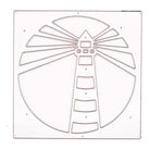 Die Stanzenshop.de Stanzschablone Leuchtturm im Rahmen zeigt einen Leuchtturm mit Lichtstrahlen in einem kreisförmigen Rahmen - ideal für Basteln und Scrapbooking-Projekte.
