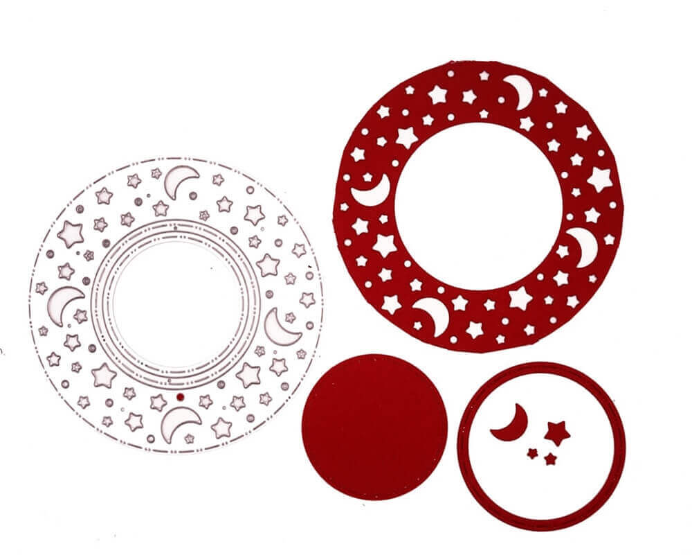 Ein Satz rot-weißer Kreise mit Sternen und Monden darauf, erstellt mit der Stanzschablone Mond und Sternekreis (Stanzschablone), um mit Stanzenshop.de ein wunderschönes Bastelergebnis zu erzielen.