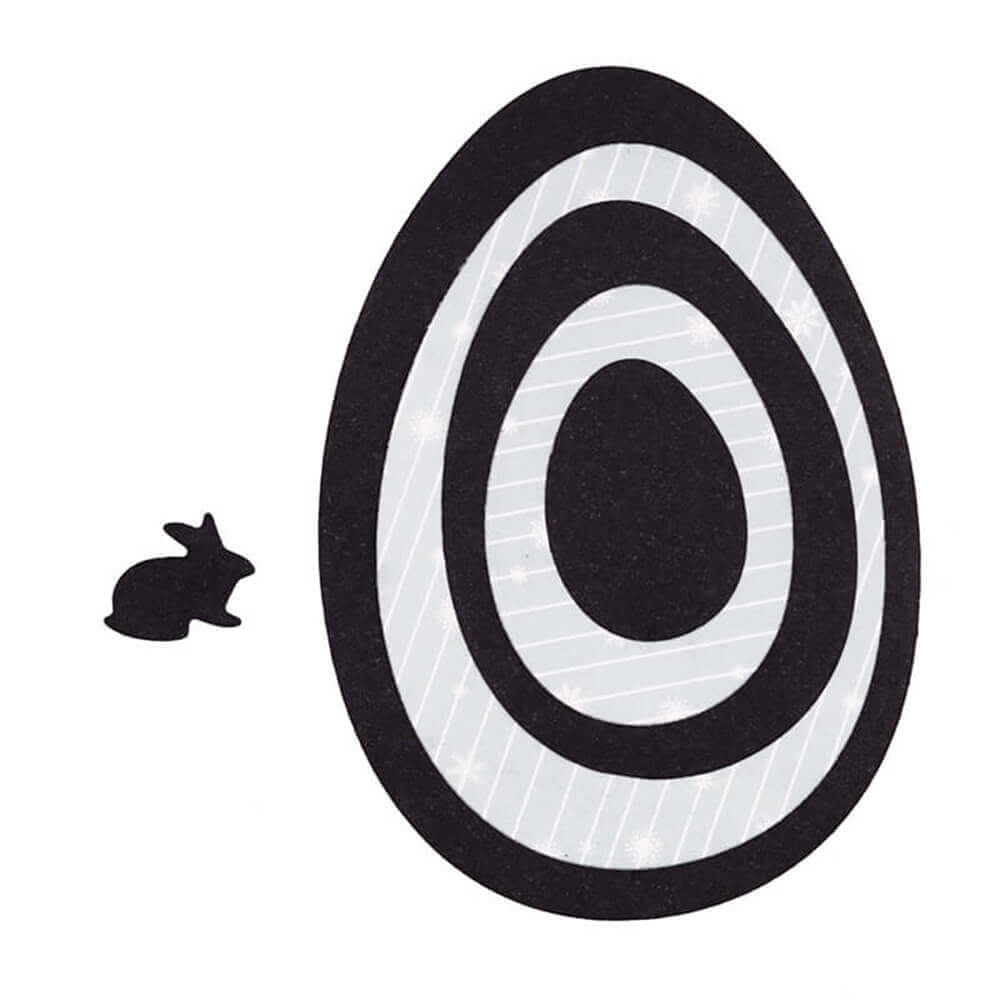 Eine Schwarz-Weiß-Zeichnung der Stanzschablone Ostereier mit Hase von Stanzenshop.de. Diese einzigartige Zeichnung ist ein wunderschönes Bastelergebnis für die Osterzeit und verfügt über ein aufwendiges Stanzschablonen-Design.