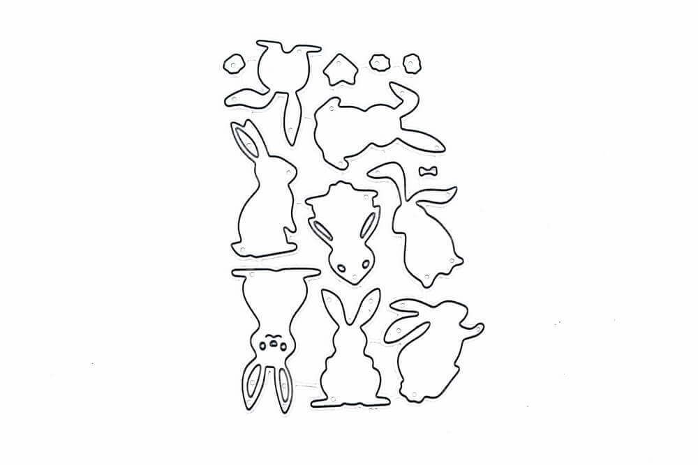 Eine Zeichnung eines Straußes Stanzschablone Osterhasen Set mit acht Hasenkaninchen auf weißem Hintergrund von Stanzenshop.de.