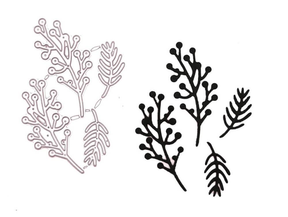 Stanzschablone Perlenzweige von Stanzenshop.de: Links die Metallschablone, rechts die schwarzen Papier-Ausstanzungen botanischer Zweige und Blätter - ideal für Scrapbooking oder Basteln, präsentiert auf weißem Hintergrund.