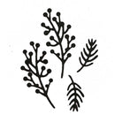 Die Stanzschablone Perlenzweige von Stanzenshop.de zeigt schwarze Silhouetten von zwei Beerenzweigen und zwei farnartigen Blättern - ideal zum Basteln oder als Stanzschablone im Scrapbooking, vor einem knackig weißen Hintergrund.