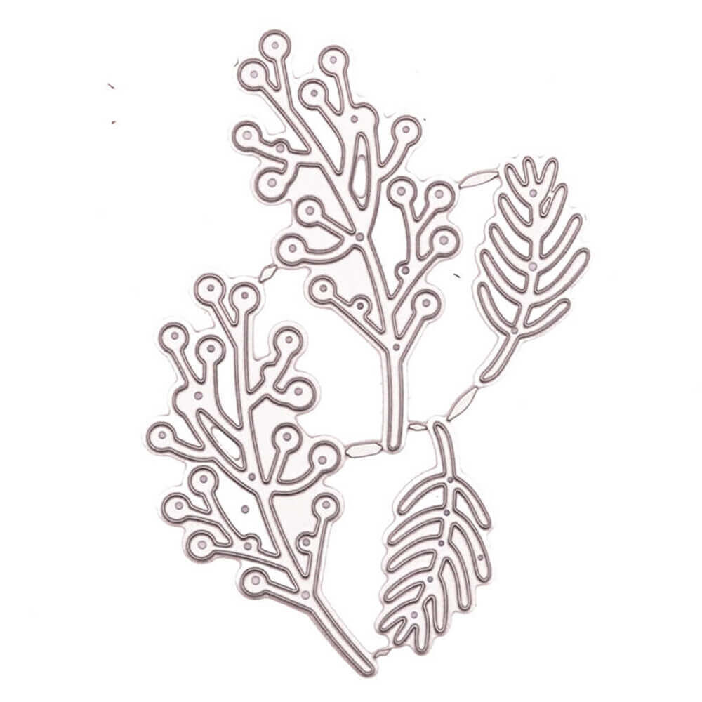 Die Stanzschablone Perlenzweige von Stanzenshop.de zeigt drei belaubte Zweige und zwei Farnblätter, ideal für Scrapbooking oder Bastelarbeiten, isoliert auf weißem Hintergrund dargestellt.