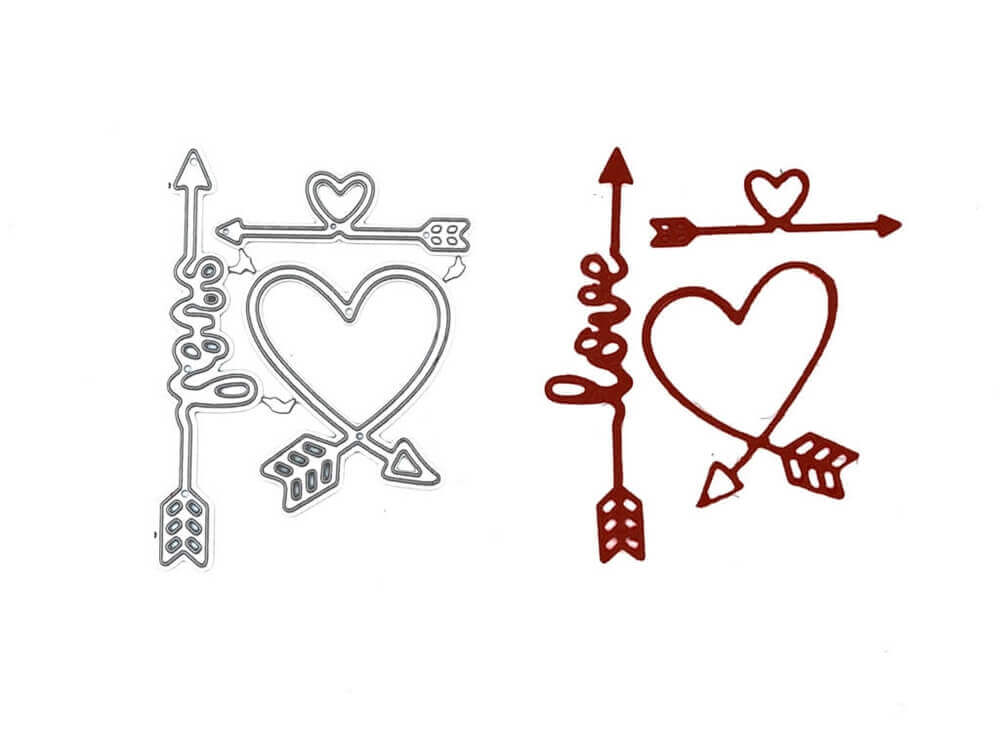 Die Stanzschablone Pfeile mit Herzen und Text love von Stanzenshop.de zeigt einen Metallstempel und einen roten Ausschnitt mit einem Pfeil, einem Herz und "love" in Schreibschrift - ideal für Scrapbooking- oder Bastelprojekte.
