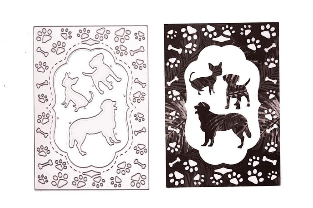 Zwei Blätter aus der Stanzschablone Pfotenrahmen mit Hunden von Stanzenshop.de zeigen Hundesilhouetten umrahmt von Knochen und Pfotenabdrücken - ideal für Scrapbooking oder Basteln. Der linke Bogen ist weiß, der rechte ist schwarz.