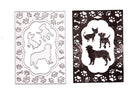 Zwei Blätter aus der Stanzschablone Pfotenrahmen mit Hunden von Stanzenshop.de zeigen Hundesilhouetten umrahmt von Knochen und Pfotenabdrücken - ideal für Scrapbooking oder Basteln. Der linke Bogen ist weiß, der rechte ist schwarz.