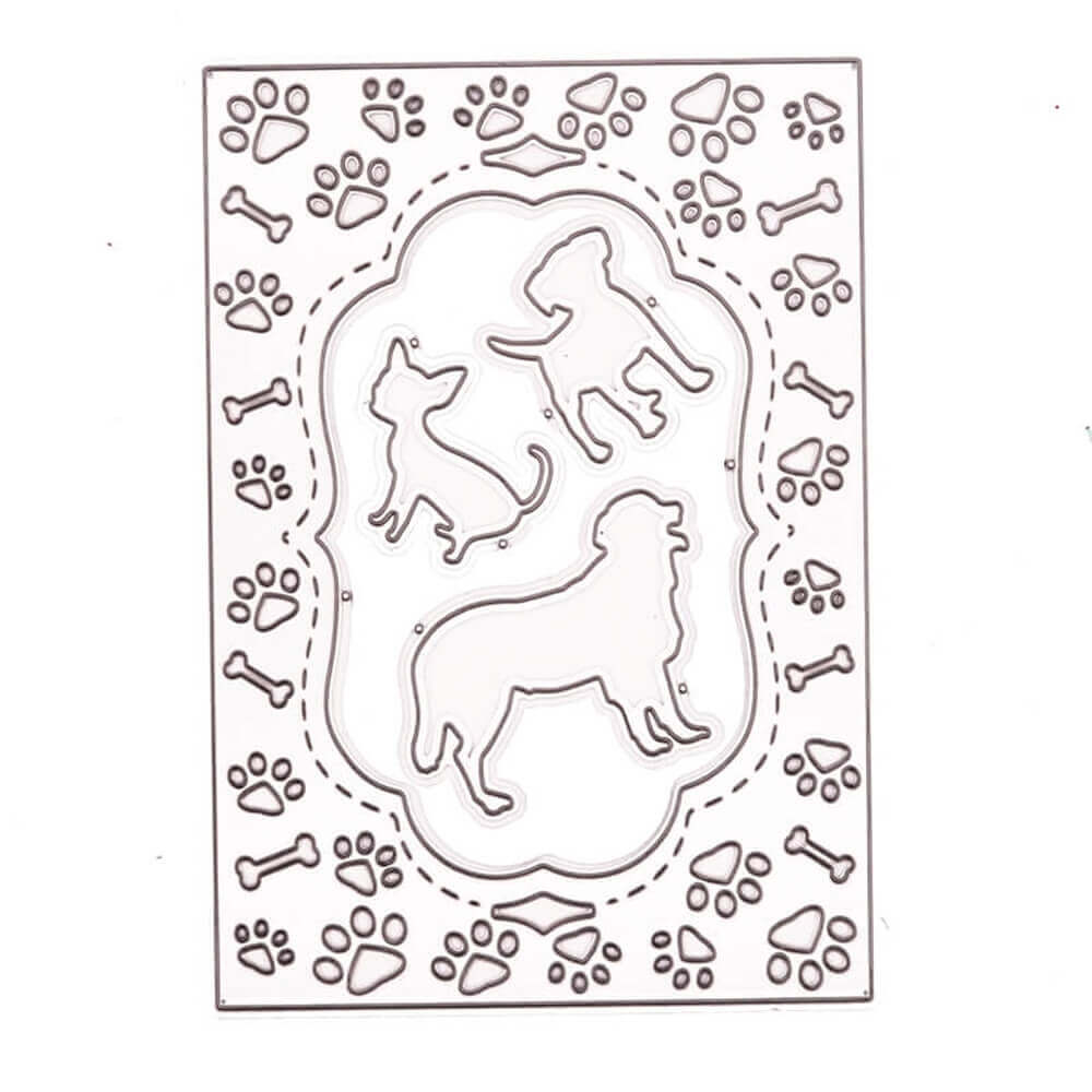 Die Stanzschablone Pfotenrahmen mit Hunden von Stanzenshop.de zeigt drei Hundesilhouetten, die von Knochen- und Pfotenabdrücken umrahmt werden - ideal für Scrapbooking, Basteln und andere kreative Projekte zum Thema Haustiere.