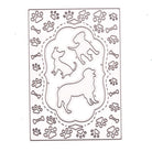 Die Stanzschablone Pfotenrahmen mit Hunden von Stanzenshop.de zeigt drei Hundesilhouetten, die von Knochen- und Pfotenabdrücken umrahmt werden - ideal für Scrapbooking, Basteln und andere kreative Projekte zum Thema Haustiere.