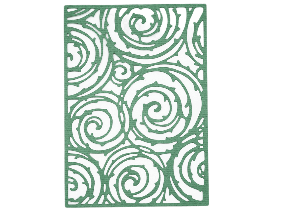 Ein grün-weißes Spiraldesign von Stanzenshop.de auf schwarzem Hintergrund.