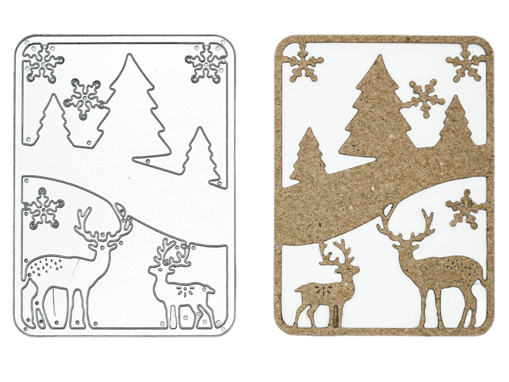 Ein Set aus zwei Stanzenschablonen: Platte mit Winterlandschaft-Stempeln mit Schneeflocken darauf von Stanzenshop.de.