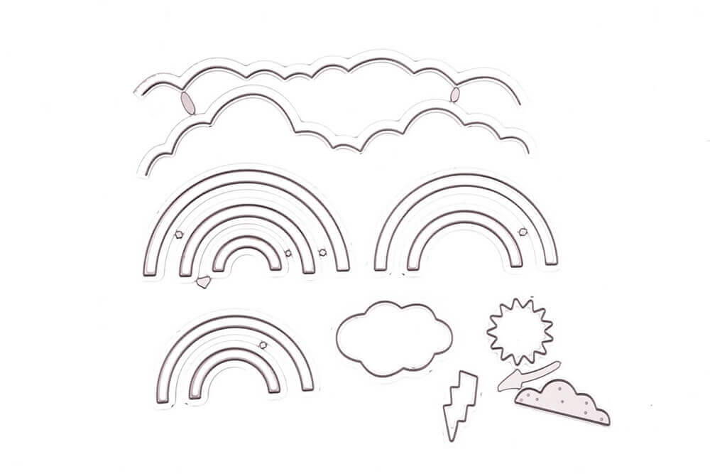 Das Stanzenshop Set Regenbogen und Wolken von Stanzenshop.de zeigt konturierte Illustrationen von Wolken, einem Regenbogen, Blitz, Sonne und Regentropfen - ideal für Scrapbooking oder als Stanzschablone auf weißem Hintergrund.