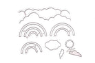 Das Stanzenshop Set Regenbogen und Wolken von Stanzenshop.de zeigt konturierte Illustrationen von Wolken, einem Regenbogen, Blitz, Sonne und Regentropfen - ideal für Scrapbooking oder als Stanzschablone auf weißem Hintergrund.
