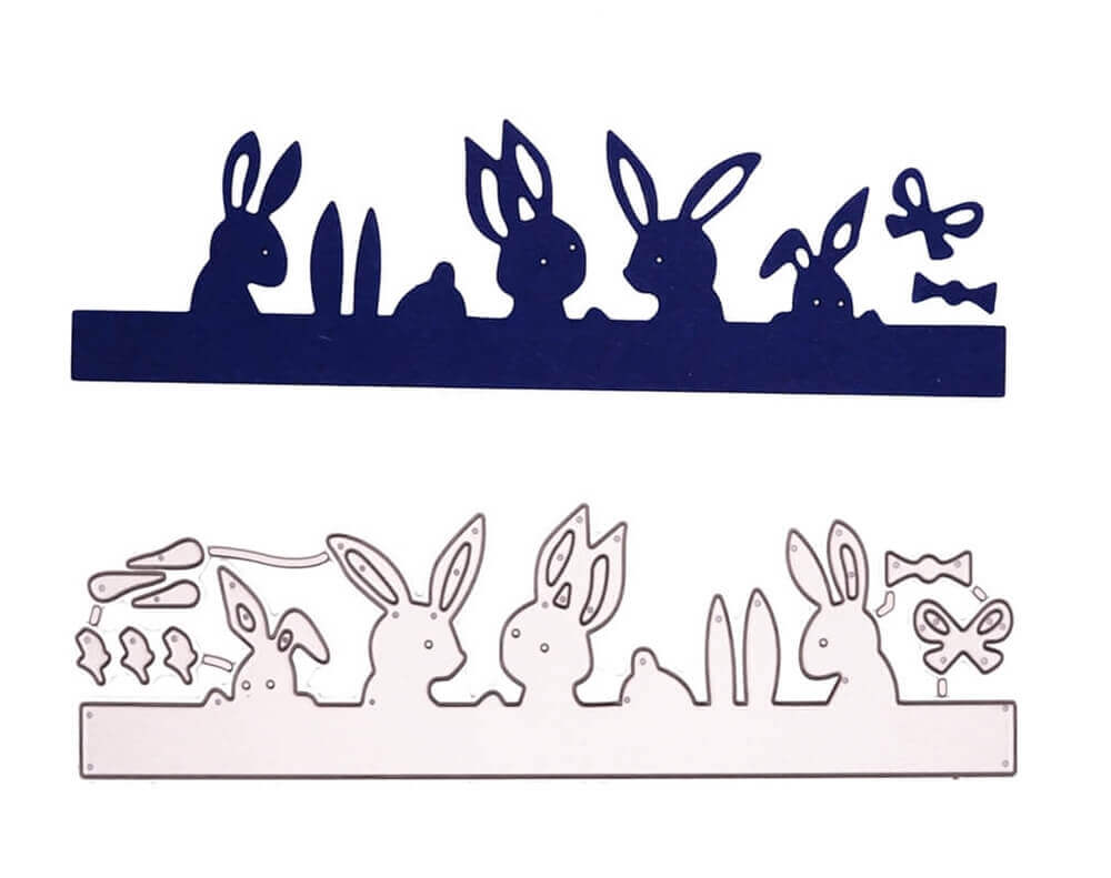 Die Stanzschablone Reihe mit Hasen und Verzierungen von Stanzenshop.de zeigt die Umrisse von Hase, Karotte, Schmetterling und Schleife in einer Reihe - ideal für Scrapbooking oder Basteln. Das Set enthält eine dunkelblaue und eine weiße Metallstanze.