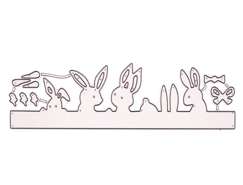 Eine hochwertige Stanzschablone Reihe mit Hasen und Verzierungen, Zeichnung einer Hasengruppe auf einem Regal, erstellt in Schabloniertechnik und gedruckt auf Premiumpapier, von Stanzenshop.de.