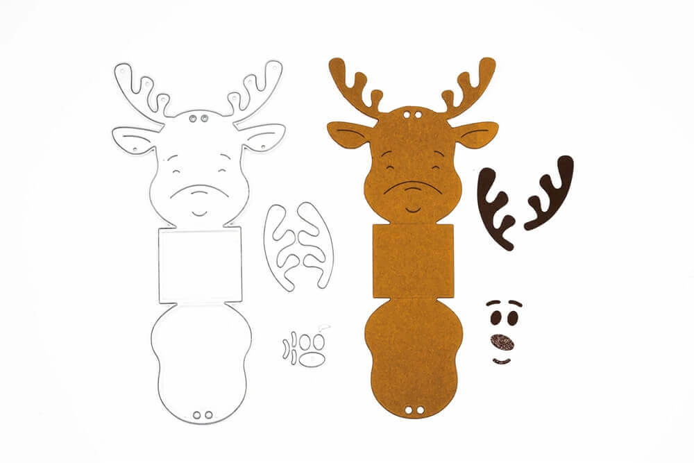 Die Stanzschablone: Rentier Aufsteller von Stanzenshop.de enthält braune und weiße Papierzuschnitte für Geweih, Gesicht und Körper - ideal als Bastelset Weihnachten für kreative Festtagsprojekte.