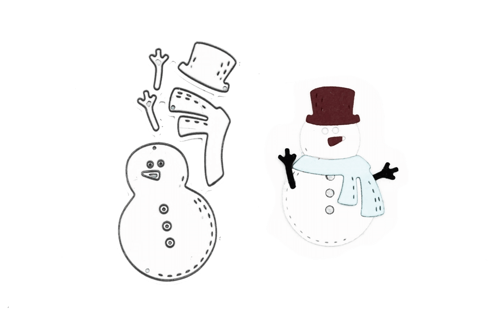 Links der Umriss eines Schneemanns mit separater Mütze, Armen, Nase und Schal, rechts ein bunter Schneemann mit Schal und Zylinder - perfekt zum Basteln im Winter mit der Stanzschablone von Stanzenshop.de.