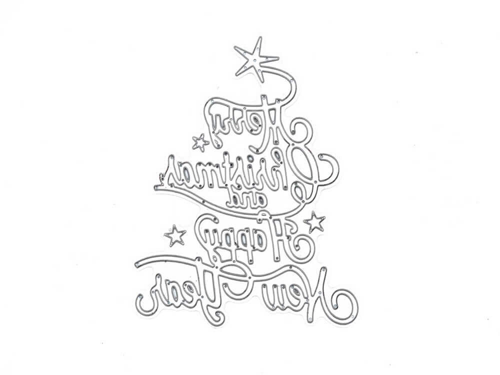 Ein Weihnachtsbaum geschmückt mit dem Stanzschablonen-Schriftzug „Merry Christmas and Happy New Year“ von Stanzenshop.de.