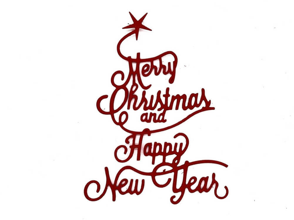 Frohe Weihnachten und ein gutes Neues Jahr in roter Schrift mit einem Stanzschablonen-Schriftzug Frohe Weihnachten und ein gutes Neues Jahr von Stanzenshop.de.