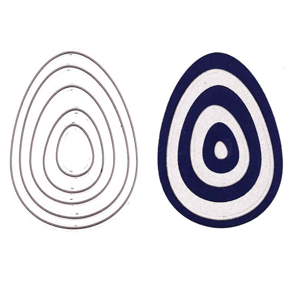 Eine Illustration zeigt die Stanzschablone Sechs Ostereier von Stanzenshop.de: sechs hohle, gestanzte Eierkonturen, die sich perfekt zum Basteln oder Scrapbooking eignen, neben einem unifarbenen, konzentrischen Eiermuster in Marine und Weiß.