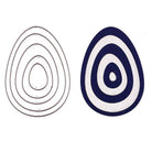 Eine Illustration zeigt die Stanzschablone Sechs Ostereier von Stanzenshop.de: sechs hohle, gestanzte Eierkonturen, die sich perfekt zum Basteln oder Scrapbooking eignen, neben einem unifarbenen, konzentrischen Eiermuster in Marine und Weiß.