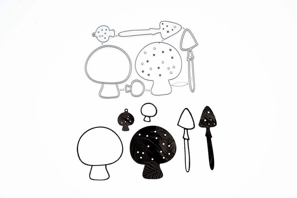 Eine Schwarz-Weiß-Zeichnung einer Stanzschablone von Stanzenshop.de mit sechs verschiedenen Pilzen.