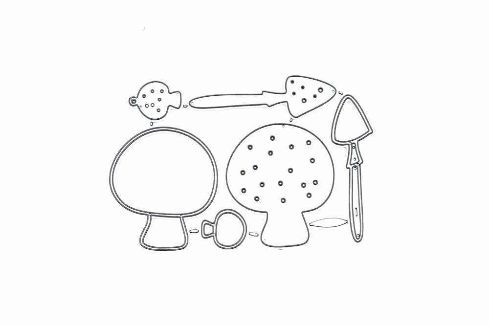 Eine Schwarz-Weiß-Zeichnung eines günstigen Stanzschablonen-Sets mit Küchenutensilien von Stanzenshop.de.