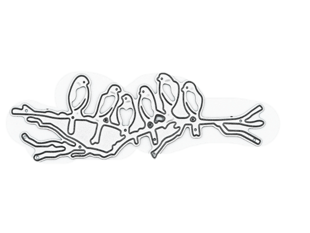 Der Stanzenshop.de Stanzschablone: Sechs Vögel auf einem Ast zeigt sechs Vögel auf einem Ast, ideal für Kartenherstellung oder Scrapbooking, präsentiert vor weißem Hintergrund.