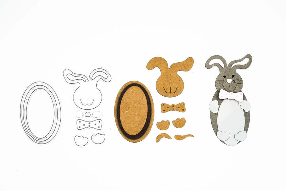 Vier Bastelsets in Hasenform zeigen den Zusammenbau vom Umriss bis zur fertigen Figur - ideal zum Osterbasteln mit der Stanzschablone: Süßer Osterhase von Stanzenshop.de.