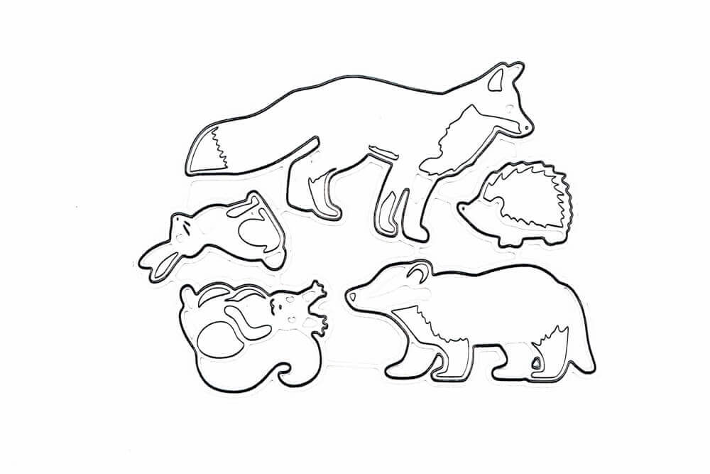 Fünf Waldtier-Umrisszeichnungen - Fuchs, Igel, Hase, Eichhörnchen, Dachs - auf weißem Hintergrund. Ideal zum Basteln mit dem Stanzschablonen-Set für Waldtiere von Stanzenshop.de.