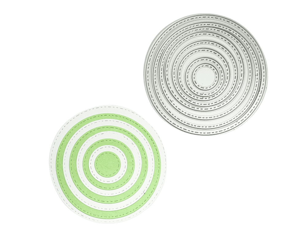 Die Stanzenshop.de Stanzschablone "Sieben Kreise mit gestricktem Rahmen" zeigt zwei kreisförmige Motive - grün/weiß und schwarz/weiß - auf weißem Hintergrund. Perfekt zum Basteln oder Scrapbooking als einzigartiges Motiv.