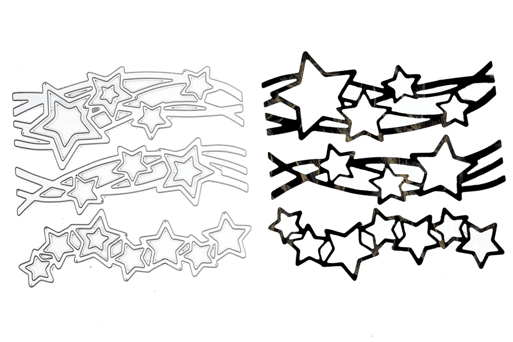 Drei Sets der "Stanzschablone: Sterne auf zwei Wellen" von Stanzenshop.de auf der linken Seite, mit drei passenden schwarzen Ausschnitten auf der rechten Seite, alle auf weißem Hintergrund - ideal für Weihnachtsbasteleien.