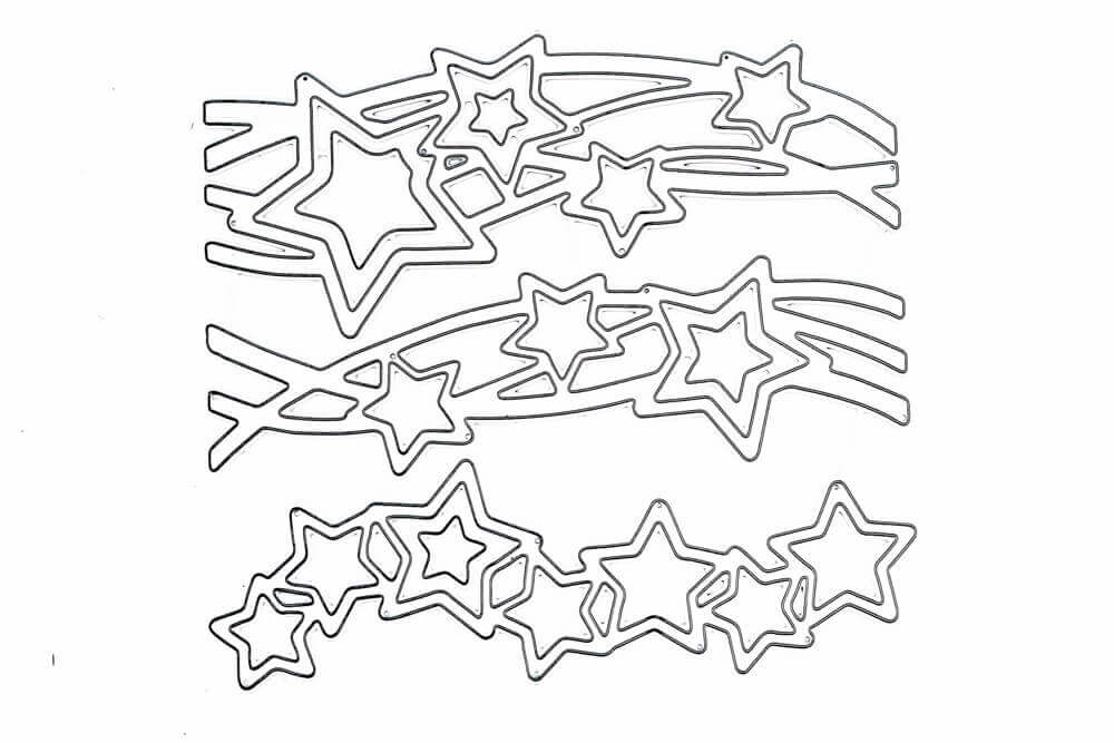 Eine Schwarz-Weiß-Zeichnung der Stanzschablone: Sterne auf zwei Wellen von Stanzenshop.de auf weißem Hintergrund.