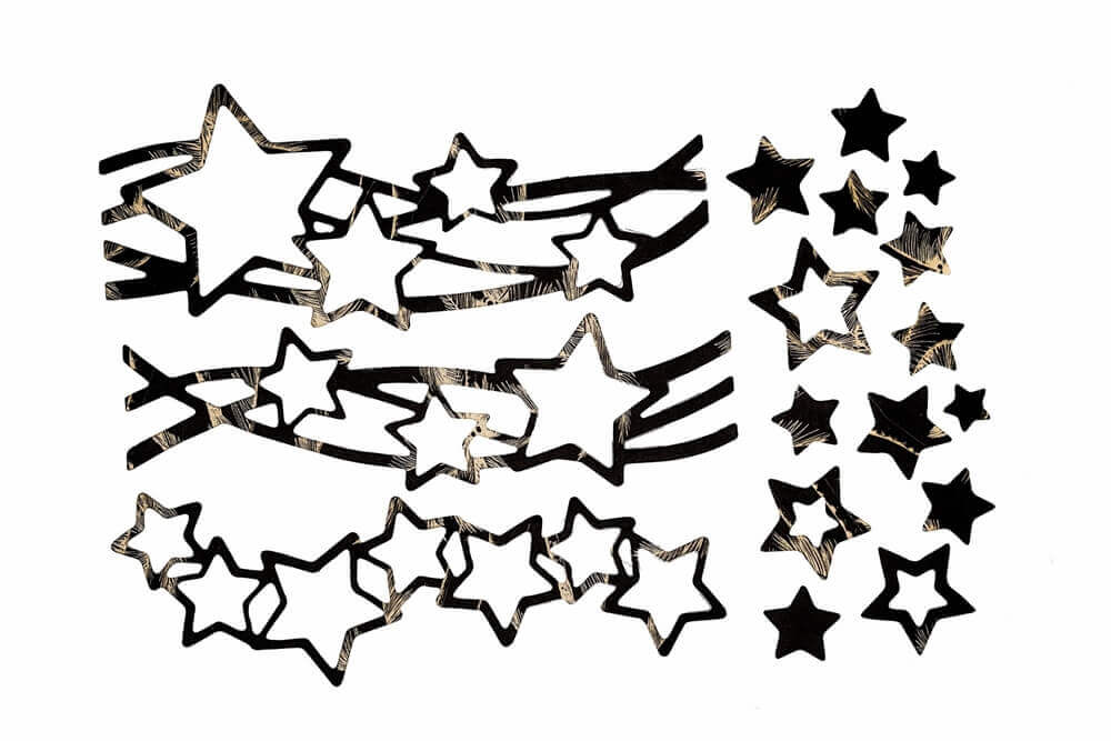 Ein Satz Stanzschablonen: Sterne auf zwei Wellen in Schwarz und Weiß auf weißem Hintergrund von Stanzenshop.de.