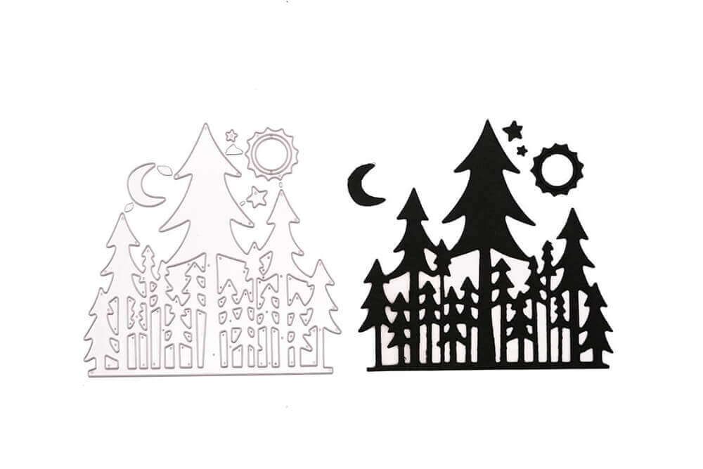 Eine Schwarz-Weiß-Zeichnung der Stanzschablone Tannenreihe, Wald, Nadelbaum von Stanzenshop.de.