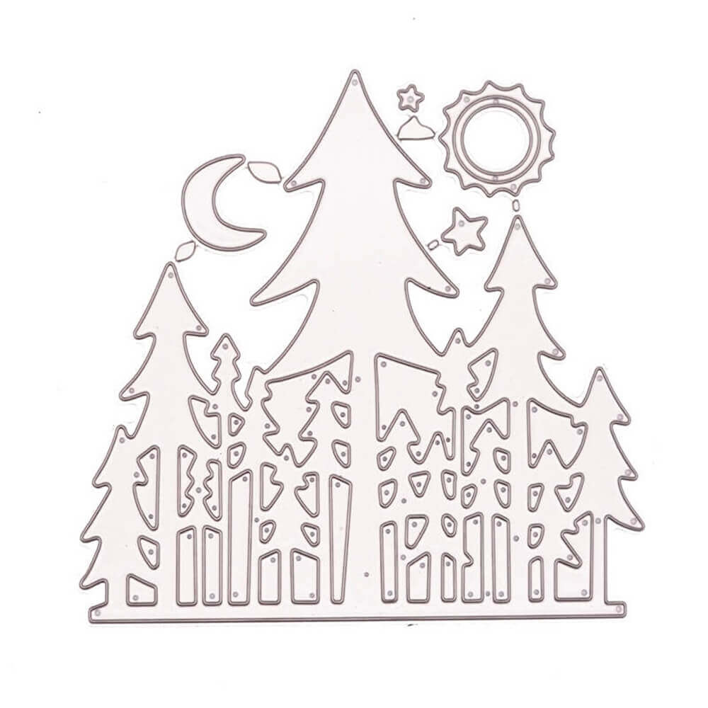 Eine Zeichnung einer Stanzschablone Tannenreihe, Wald, Nadelbaum mit Bäumen und einer Sonne von Stanzenshop.de.