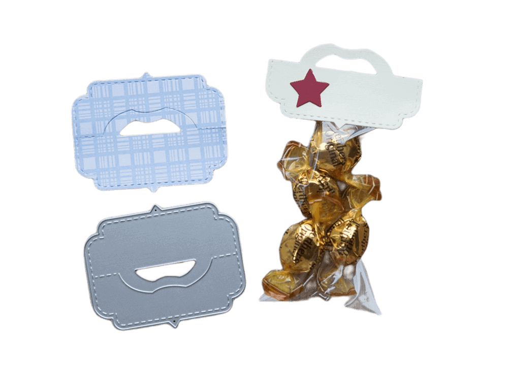 Drei rechteckige Stanzenshop.de Stanzschablone Verschluss für Tüten: ein roter Stern als Topper auf einer Bonbontüte sowie blau gemusterte und graue Designs - ideal für Basteln und kreative Verpackungen.