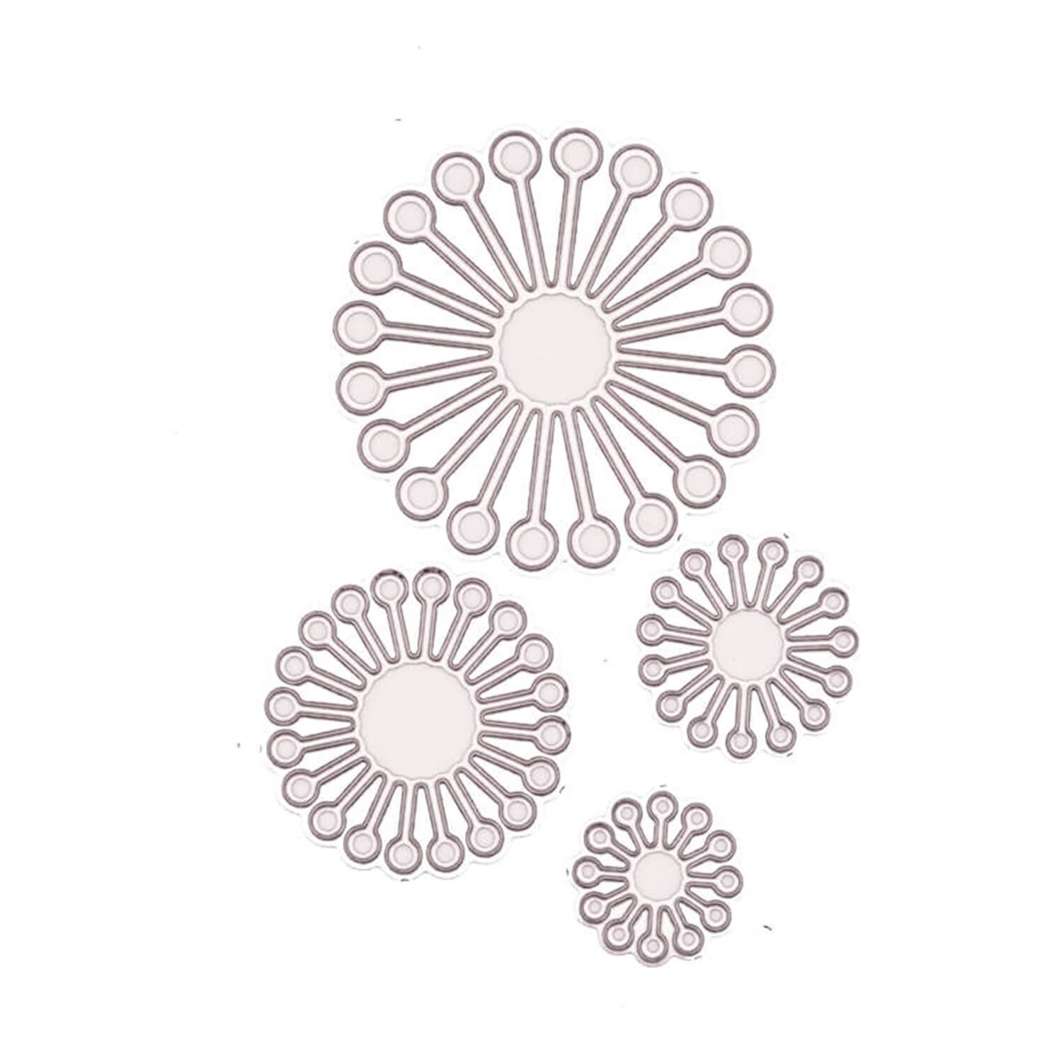 Die Stanzschablone Vier Blumen mit Punkten von Stanzenshop.de besteht aus vier kreisförmigen, blumenähnlichen Metallstanzformen mit Punktakzenten, ideal für Basteln und Scrapbooking-Projekte. Abgebildet auf einem weißen Hintergrund.