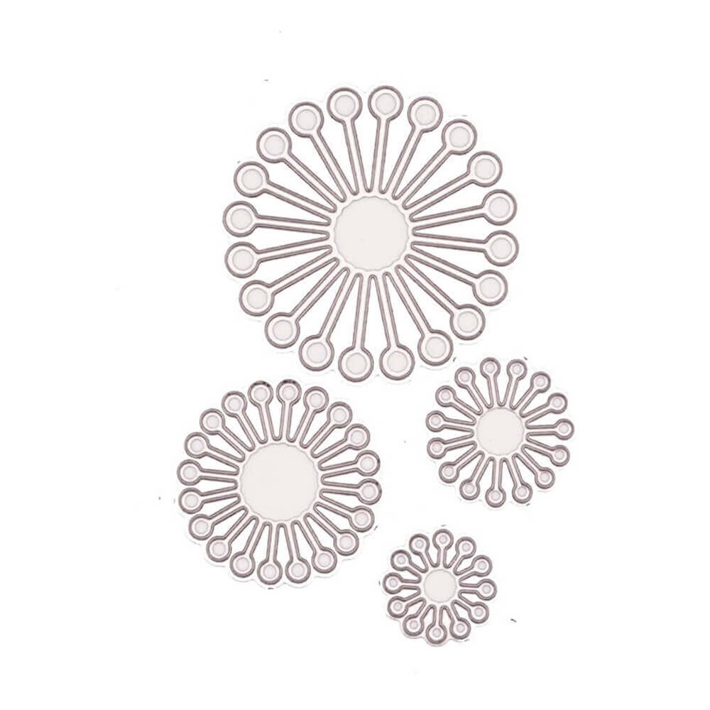 Ein Satz von drei Stanzschablonen Vier Blumen mit Punkten, Muster, Floral, Kreisausschnitten auf weißem Hintergrund von Stanzenshop.de.