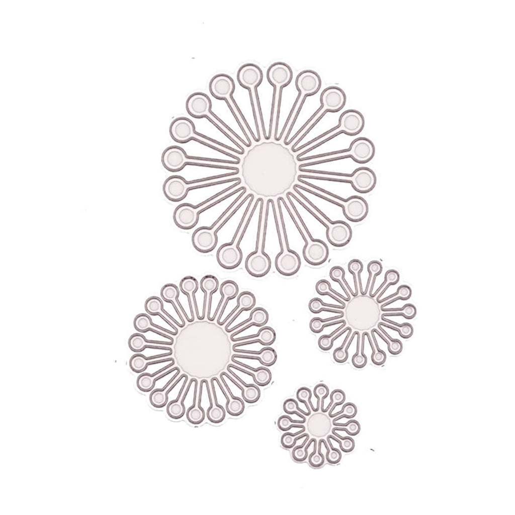 Ein Satz Stanzschablonen „Vier Blumen mit Punkten“ auf weißem Hintergrund, hergestellt von Stanzenshop.de und kompatibel mit verschiedenen Papiersorten.