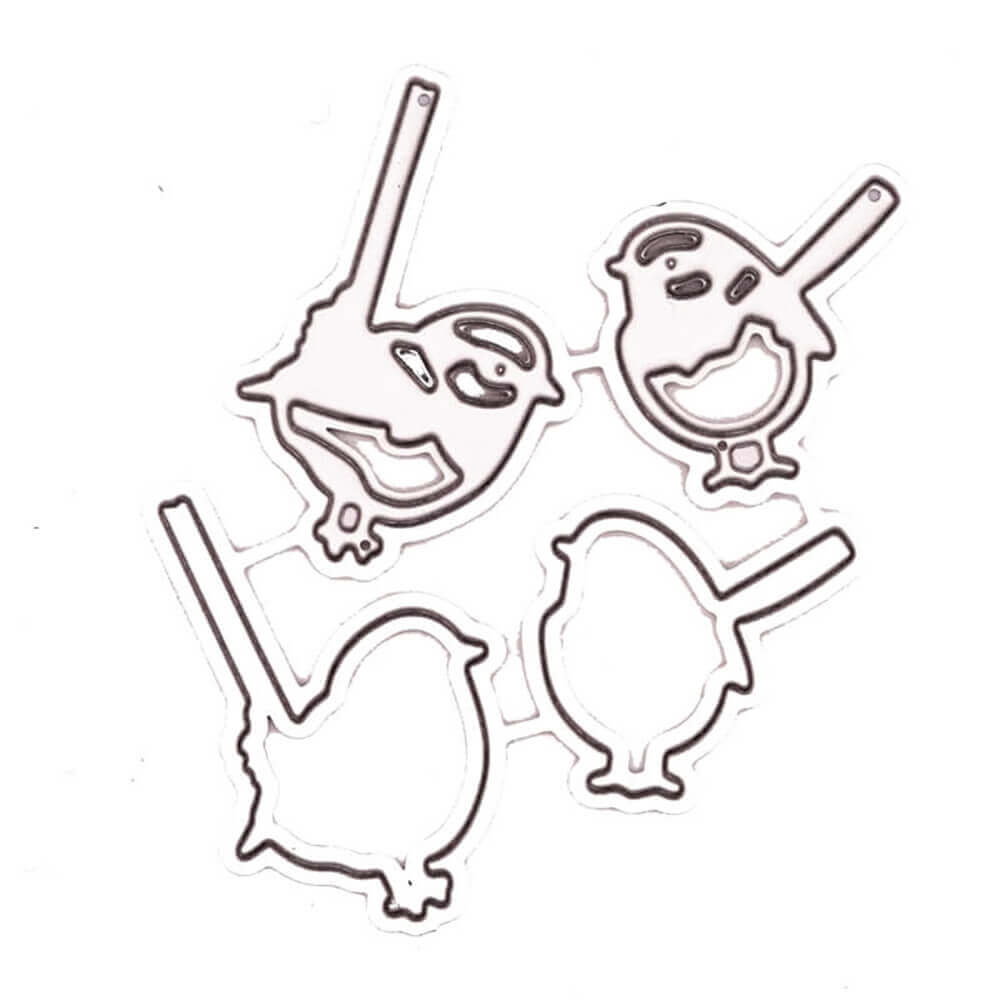 Die Stanzschablone Vier Spatzen von Stanzenshop.de beinhaltet vier Vogelausstecher aus Metall mit Griffen, perfekt zum Basteln, Scrapbooking, oder als Stanzschablone für Vögel. Dargestellt auf einem weißen Hintergrund.