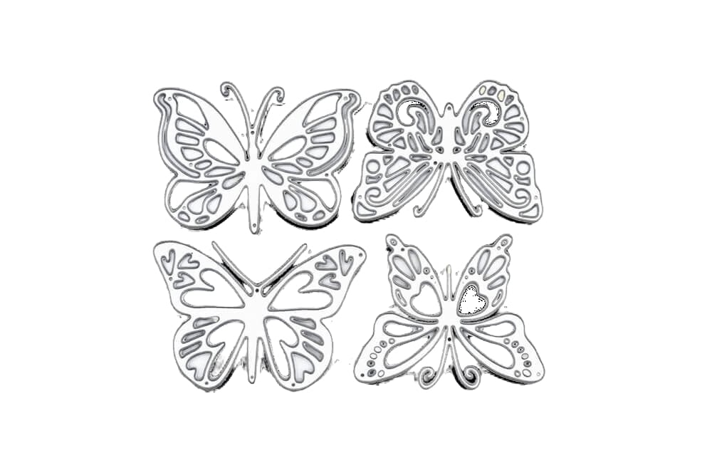 Vier Stanzenschablonen: Vier verschiedene Schmetterlinge-Anhänger auf weißem Hintergrund von Stanzenshop.de.