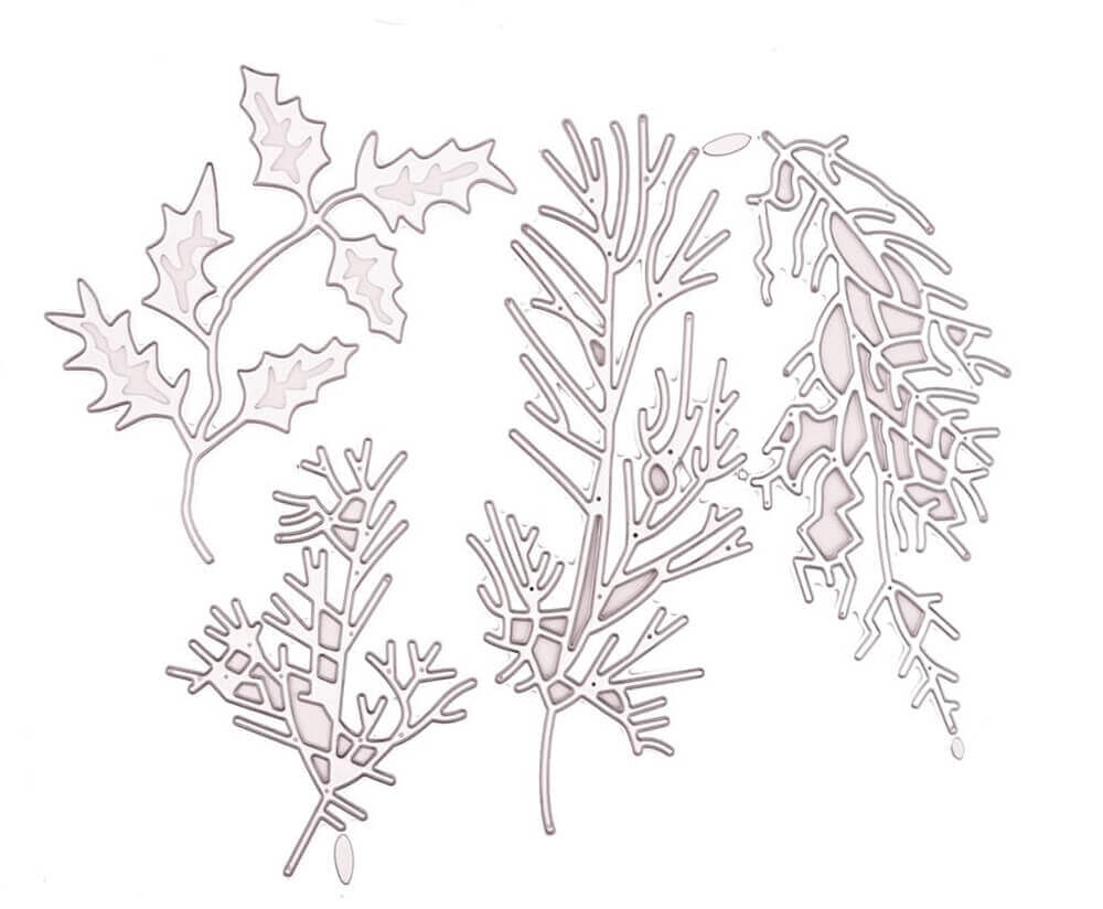 Stechpalme und Efeu sind beliebte Motive für Weihnachtsbasteleien, besonders wenn sie mit den Stanzschablonen „Vier Verschiedene Zweige“ und Stanzenshop.de-Maschinen verwendet werden. Die daraus resultierenden Bastelergebnis-Kreationen sind wunderschön