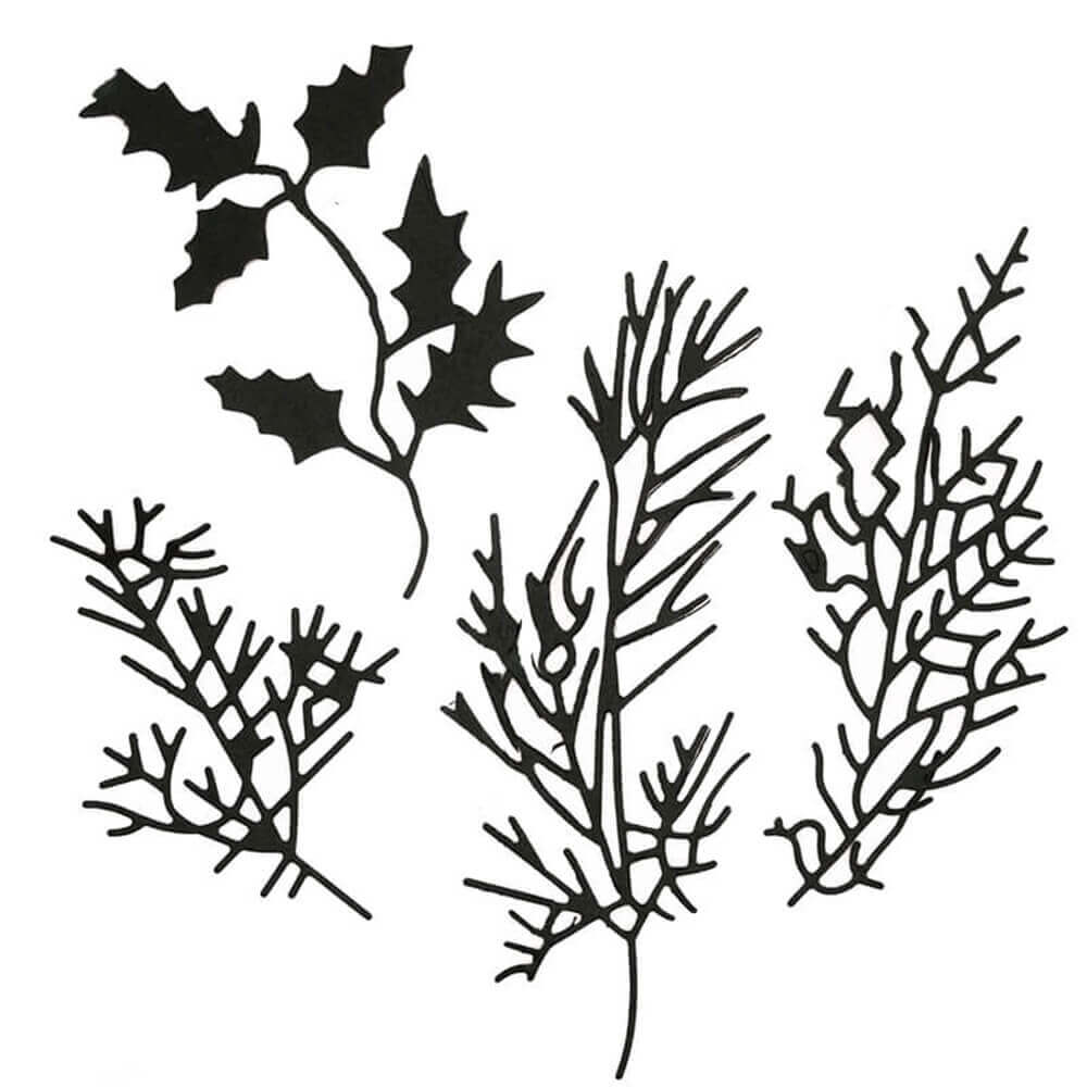 Eine Stanzschablone Vier Verschiedene Zweige von Stanzenshop.de mit einem Schwarz-Weiß-Bild von Stechpalme, Efeu und Beeren.