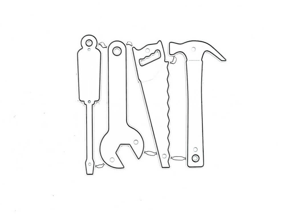 Eine Zeichnung der Stanzschablone Vier Werkzeuge, Tool, Hammer, Säge, Schraubenzieher von Stanzenshop.de auf weißem Hintergrund.