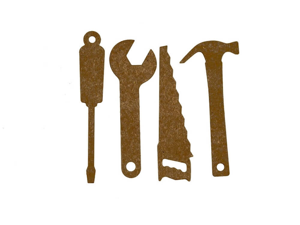 Ein Satz Stanzschablone Vier Werkzeuge, Tool, Hammer, Säge, Schraubenzieher von Stanzenshop.de auf weißem Hintergrund.